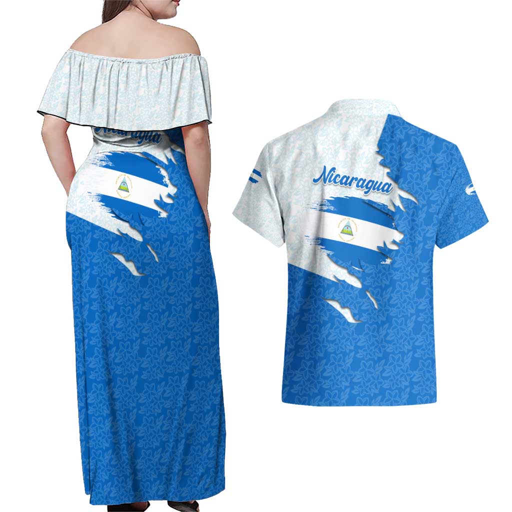 Nicaragua Flag Ripped Effect Couples Matching Off Shoulder Maxi Dress and Hawaiian Shirt with National Emblem and Floral Pattern Design - Wonder Print Shop