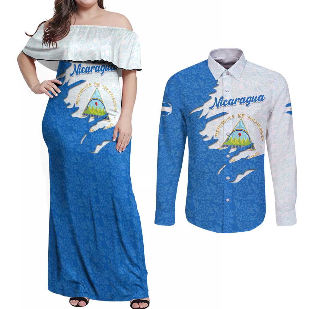 Nicaragua Flag Ripped Effect Couples Matching Off Shoulder Maxi Dress and Long Sleeve Button Shirt with National Emblem and Floral Pattern Design - Wonder Print Shop