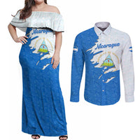Nicaragua Flag Ripped Effect Couples Matching Off Shoulder Maxi Dress and Long Sleeve Button Shirt with National Emblem and Floral Pattern Design - Wonder Print Shop
