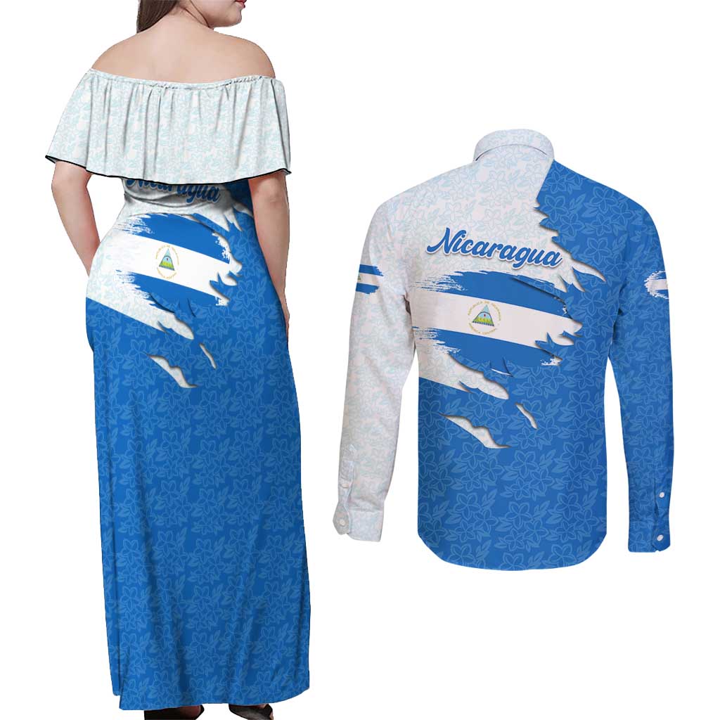 Nicaragua Flag Ripped Effect Couples Matching Off Shoulder Maxi Dress and Long Sleeve Button Shirt with National Emblem and Floral Pattern Design - Wonder Print Shop