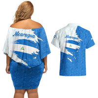 Nicaragua Flag Ripped Effect Couples Matching Off Shoulder Short Dress and Hawaiian Shirt with National Emblem and Floral Pattern Design - Wonder Print Shop