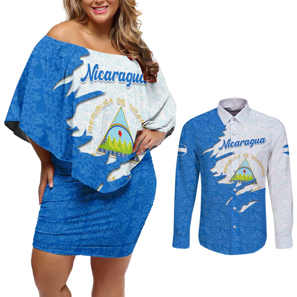 Nicaragua Flag Ripped Effect Couples Matching Off Shoulder Short Dress and Long Sleeve Button Shirt with National Emblem and Floral Pattern Design - Wonder Print Shop