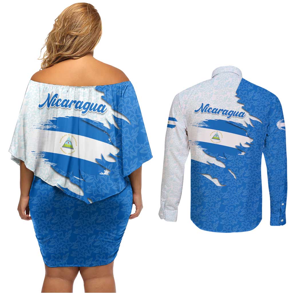 Nicaragua Flag Ripped Effect Couples Matching Off Shoulder Short Dress and Long Sleeve Button Shirt with National Emblem and Floral Pattern Design - Wonder Print Shop