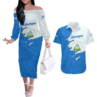 Nicaragua Flag Ripped Effect Couples Matching Off The Shoulder Long Sleeve Dress and Hawaiian Shirt with National Emblem and Floral Pattern Design - Wonder Print Shop