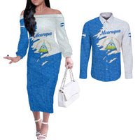 Nicaragua Flag Ripped Effect Couples Matching Off The Shoulder Long Sleeve Dress and Long Sleeve Button Shirt with National Emblem and Floral Pattern Design - Wonder Print Shop