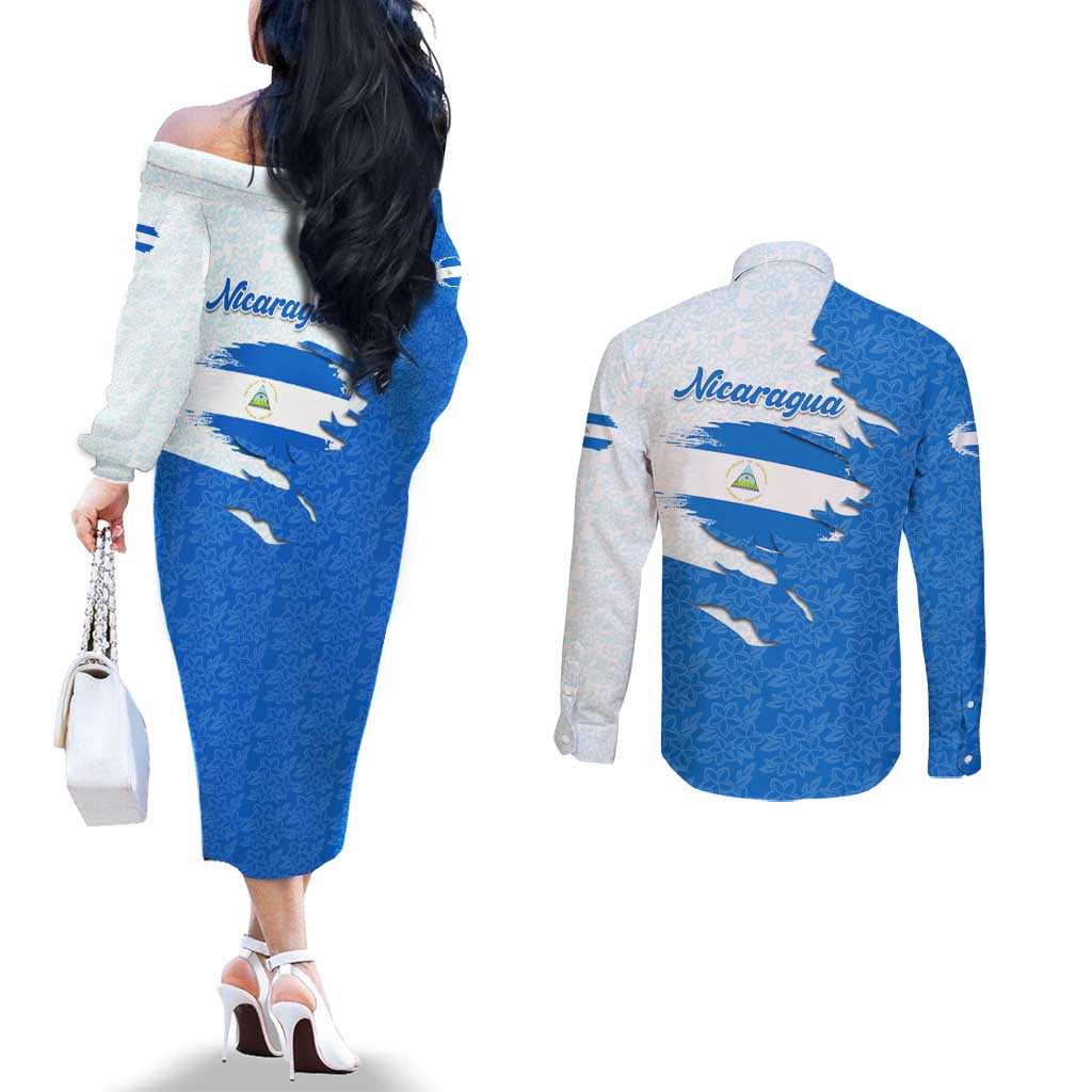 Nicaragua Flag Ripped Effect Couples Matching Off The Shoulder Long Sleeve Dress and Long Sleeve Button Shirt with National Emblem and Floral Pattern Design - Wonder Print Shop