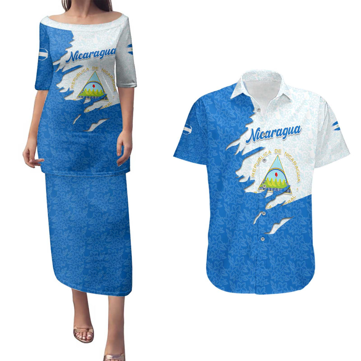 Nicaragua Flag Ripped Effect Couples Matching Puletasi and Hawaiian Shirt with National Emblem and Floral Pattern Design - Wonder Print Shop