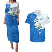 Nicaragua Flag Ripped Effect Couples Matching Puletasi and Hawaiian Shirt with National Emblem and Floral Pattern Design - Wonder Print Shop