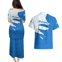 Nicaragua Flag Ripped Effect Couples Matching Puletasi and Hawaiian Shirt with National Emblem and Floral Pattern Design - Wonder Print Shop
