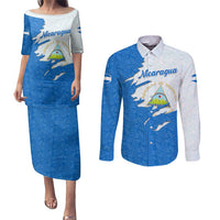 Nicaragua Flag Ripped Effect Couples Matching Puletasi and Long Sleeve Button Shirt with National Emblem and Floral Pattern Design - Wonder Print Shop