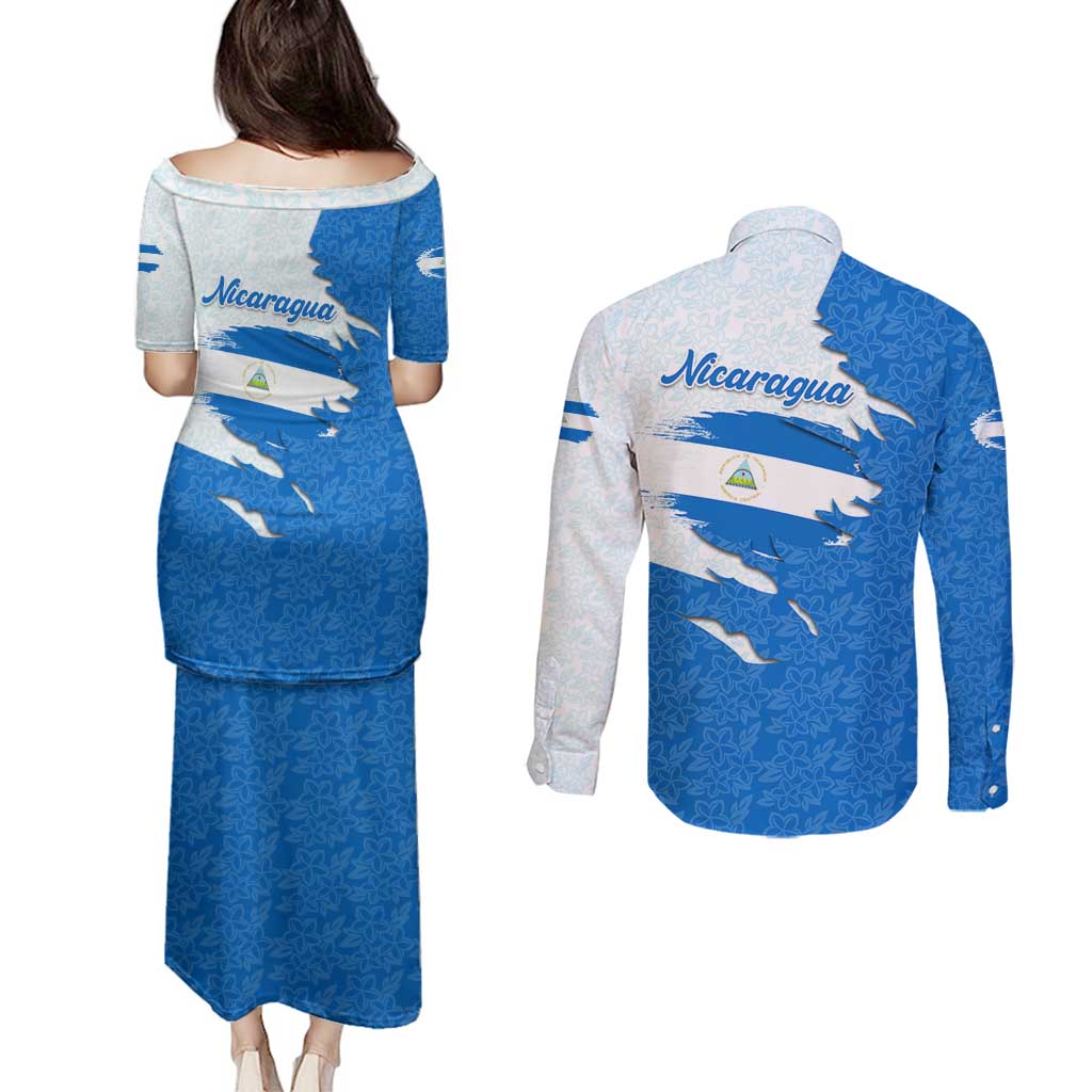 Nicaragua Flag Ripped Effect Couples Matching Puletasi and Long Sleeve Button Shirt with National Emblem and Floral Pattern Design - Wonder Print Shop