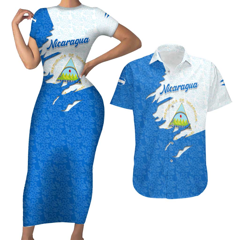 Nicaragua Flag Ripped Effect Couples Matching Short Sleeve Bodycon Dress and Hawaiian Shirt with National Emblem and Floral Pattern Design - Wonder Print Shop