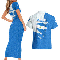Nicaragua Flag Ripped Effect Couples Matching Short Sleeve Bodycon Dress and Hawaiian Shirt with National Emblem and Floral Pattern Design - Wonder Print Shop