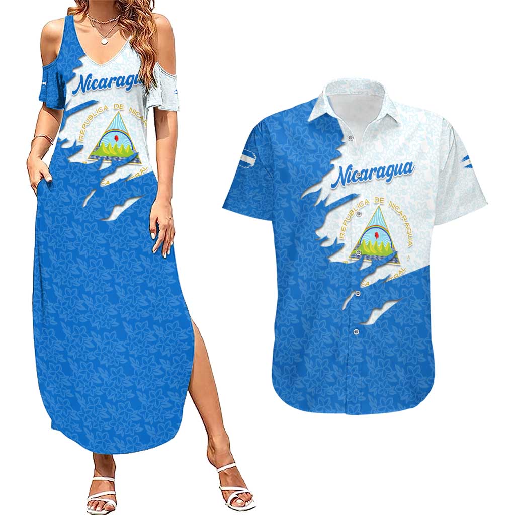 Nicaragua Flag Ripped Effect Couples Matching Summer Maxi Dress and Hawaiian Shirt with National Emblem and Floral Pattern Design - Wonder Print Shop