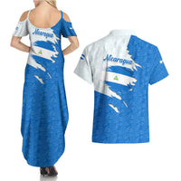 Nicaragua Flag Ripped Effect Couples Matching Summer Maxi Dress and Hawaiian Shirt with National Emblem and Floral Pattern Design - Wonder Print Shop