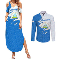 Nicaragua Flag Ripped Effect Couples Matching Summer Maxi Dress and Long Sleeve Button Shirt with National Emblem and Floral Pattern Design - Wonder Print Shop