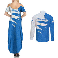 Nicaragua Flag Ripped Effect Couples Matching Summer Maxi Dress and Long Sleeve Button Shirt with National Emblem and Floral Pattern Design - Wonder Print Shop