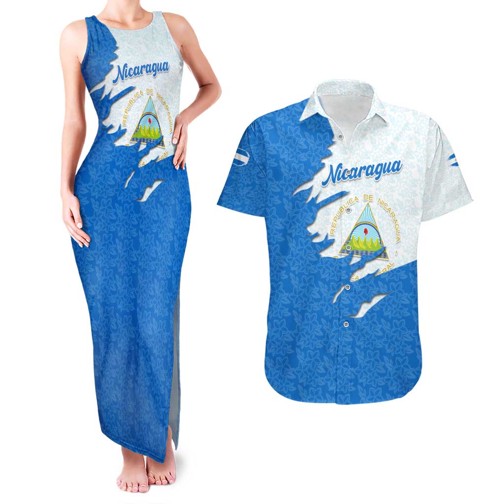 Nicaragua Flag Ripped Effect Couples Matching Tank Maxi Dress and Hawaiian Shirt with National Emblem and Floral Pattern Design - Wonder Print Shop