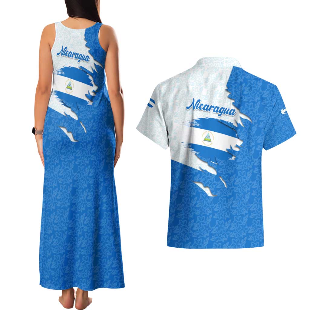 Nicaragua Flag Ripped Effect Couples Matching Tank Maxi Dress and Hawaiian Shirt with National Emblem and Floral Pattern Design - Wonder Print Shop