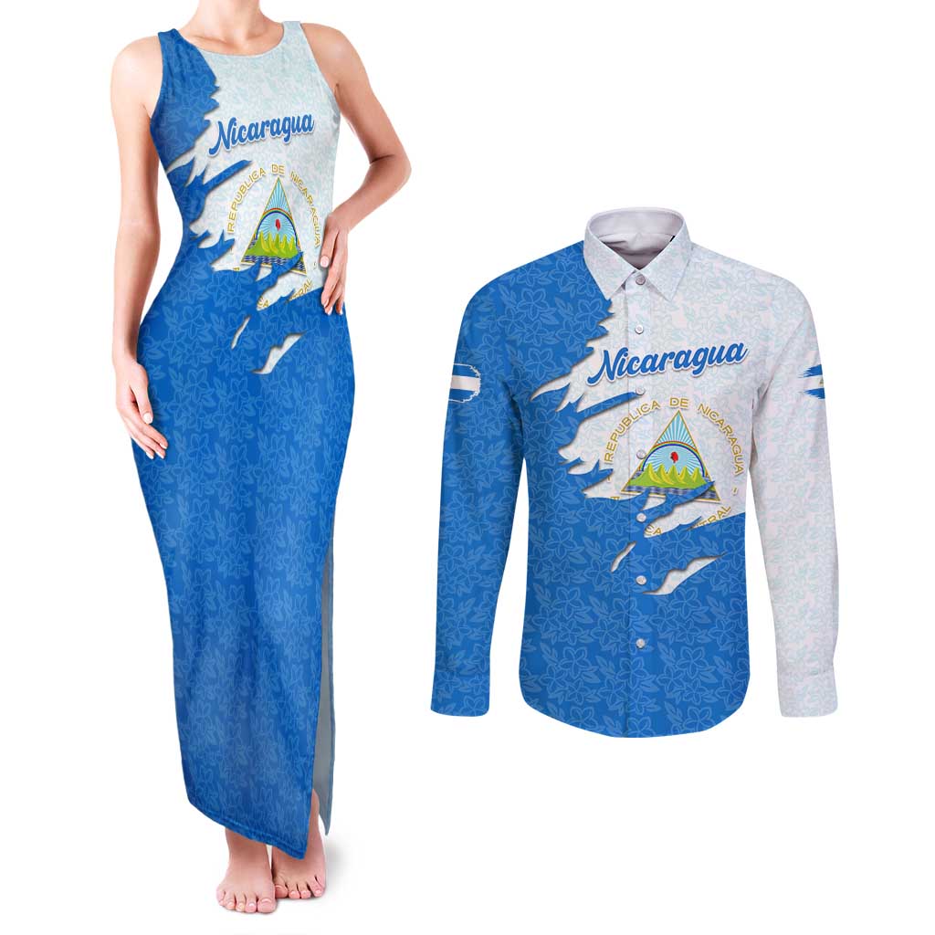 Nicaragua Flag Ripped Effect Couples Matching Tank Maxi Dress and Long Sleeve Button Shirt with National Emblem and Floral Pattern Design - Wonder Print Shop