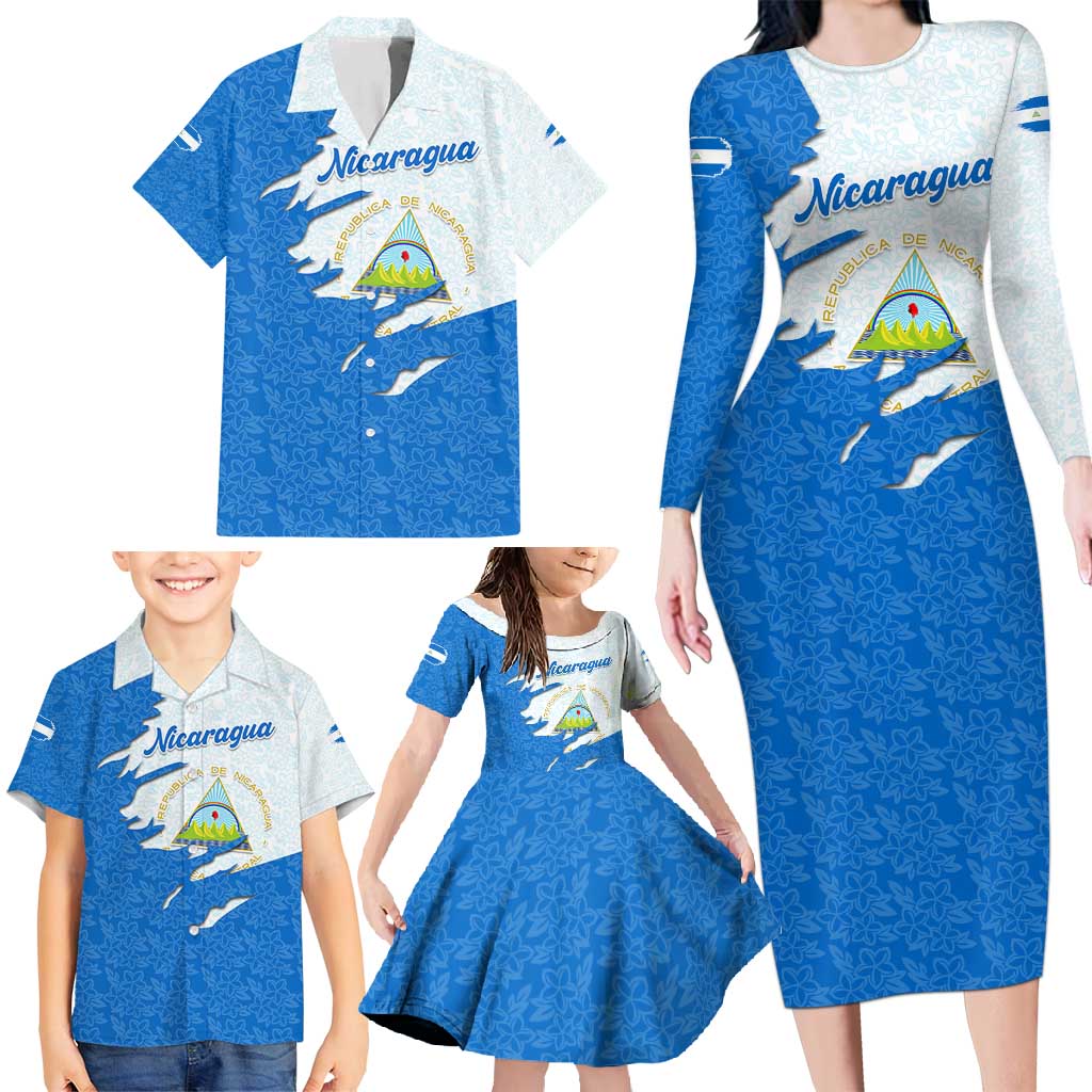 Nicaragua Flag Ripped Effect Family Matching Long Sleeve Bodycon Dress and Hawaiian Shirt with National Emblem and Floral Pattern Design - Wonder Print Shop