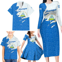 Nicaragua Flag Ripped Effect Family Matching Long Sleeve Bodycon Dress and Hawaiian Shirt with National Emblem and Floral Pattern Design - Wonder Print Shop