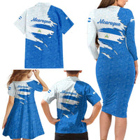 Nicaragua Flag Ripped Effect Family Matching Long Sleeve Bodycon Dress and Hawaiian Shirt with National Emblem and Floral Pattern Design - Wonder Print Shop