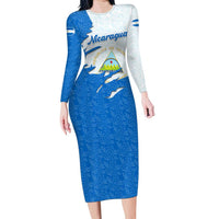 Nicaragua Flag Ripped Effect Family Matching Long Sleeve Bodycon Dress and Hawaiian Shirt with National Emblem and Floral Pattern Design - Wonder Print Shop