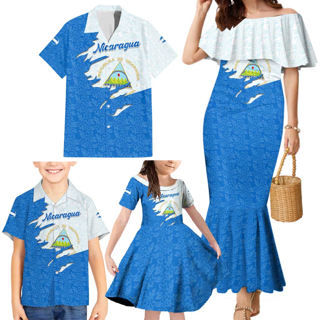 Nicaragua Flag Ripped Effect Family Matching Mermaid Dress and Hawaiian Shirt with National Emblem and Floral Pattern Design - Wonder Print Shop