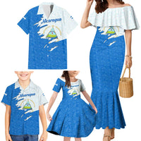 Nicaragua Flag Ripped Effect Family Matching Mermaid Dress and Hawaiian Shirt with National Emblem and Floral Pattern Design - Wonder Print Shop