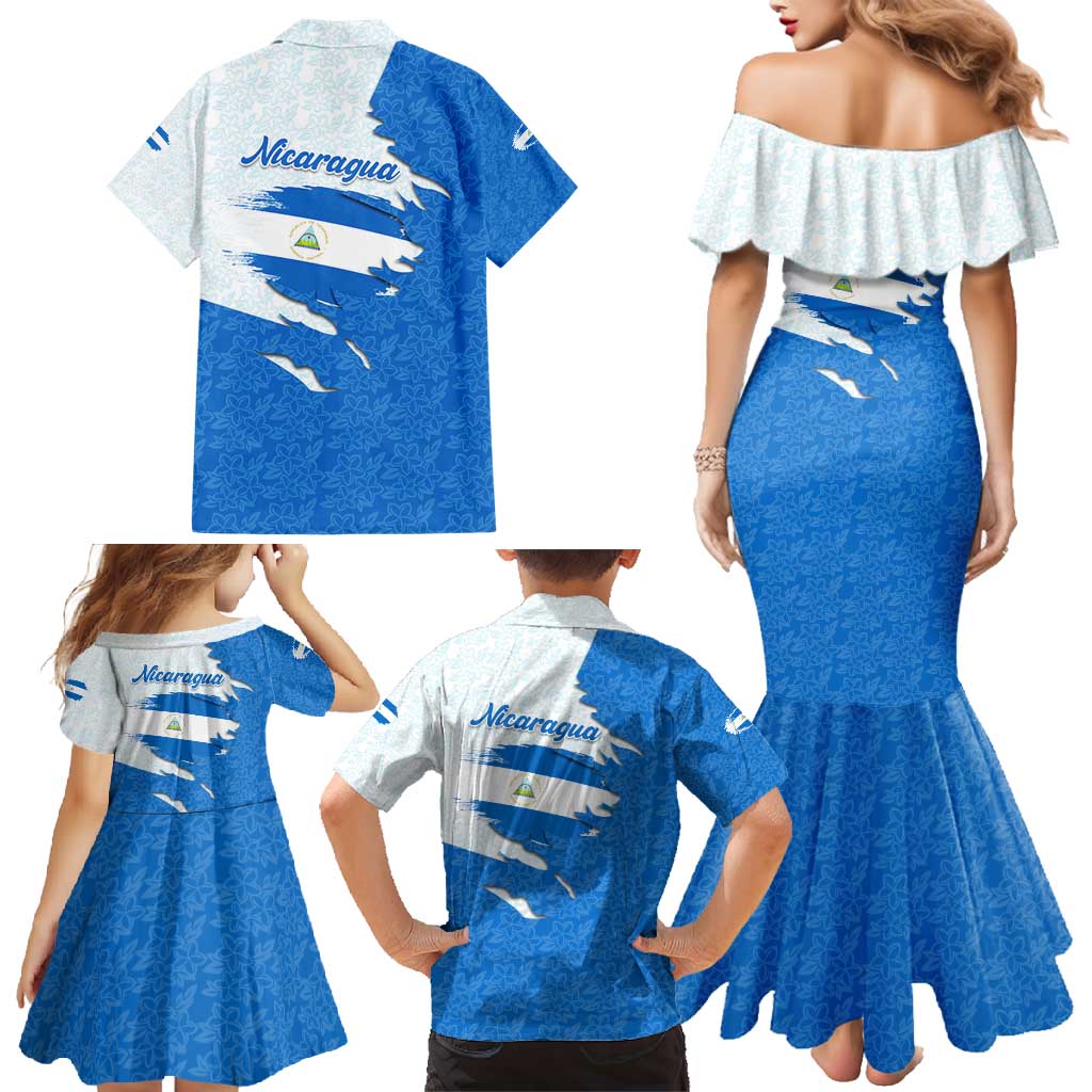 Nicaragua Flag Ripped Effect Family Matching Mermaid Dress and Hawaiian Shirt with National Emblem and Floral Pattern Design - Wonder Print Shop