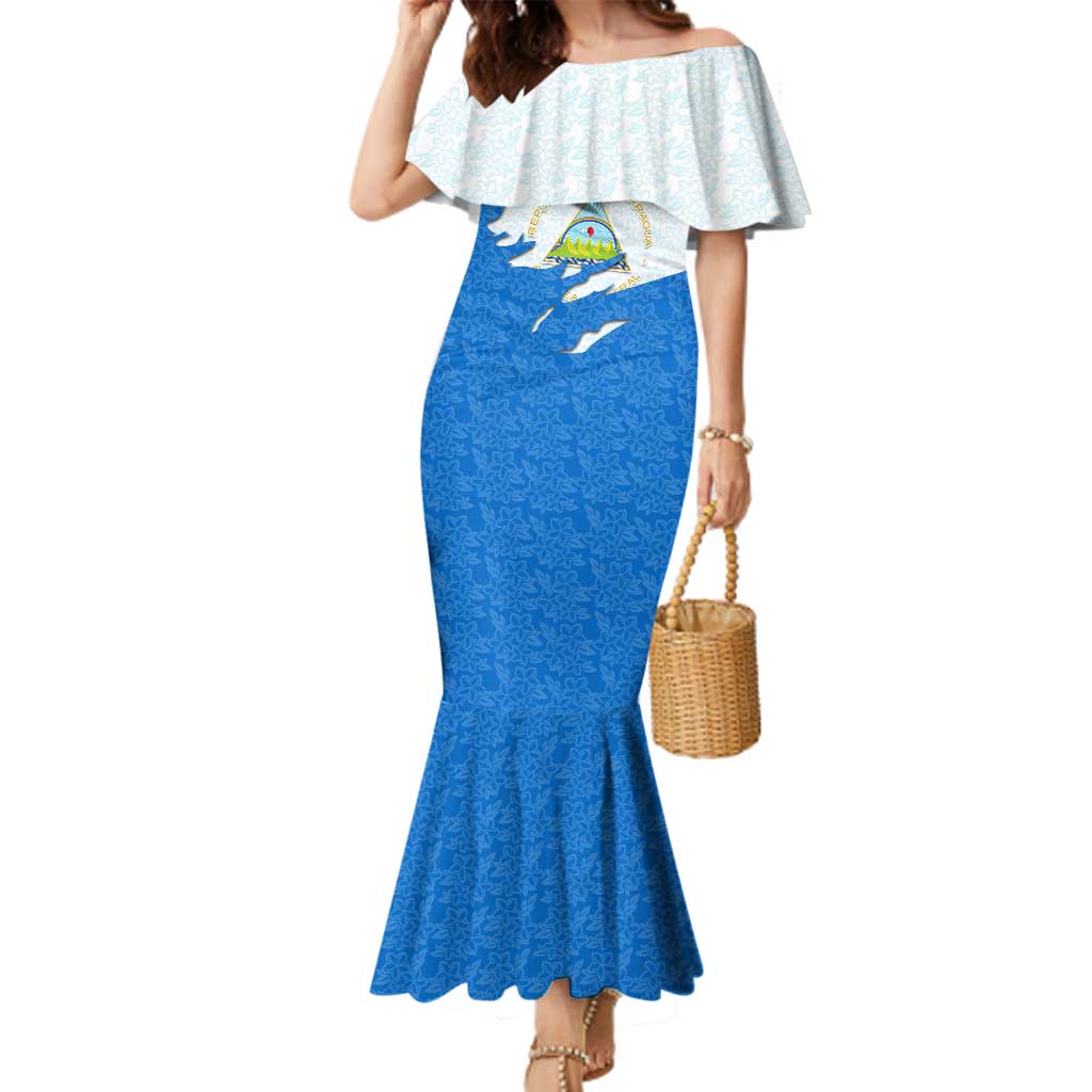 Nicaragua Flag Ripped Effect Family Matching Mermaid Dress and Hawaiian Shirt with National Emblem and Floral Pattern Design - Wonder Print Shop