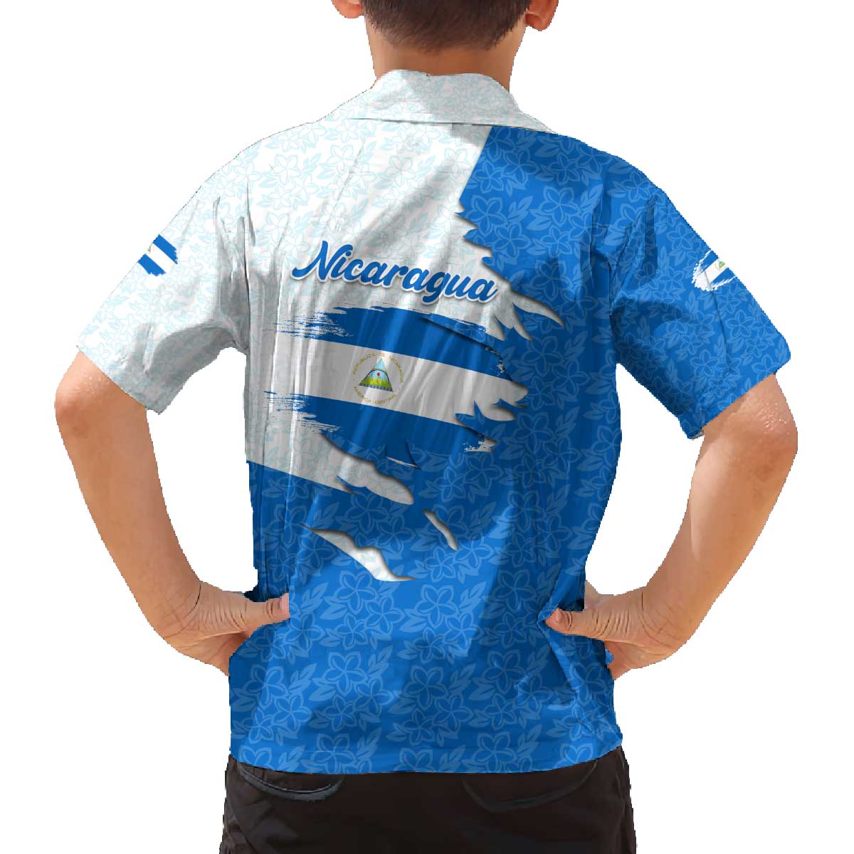 Nicaragua Flag Ripped Effect Family Matching Off The Shoulder Long Sleeve Dress and Hawaiian Shirt with National Emblem and Floral Pattern Design - Wonder Print Shop