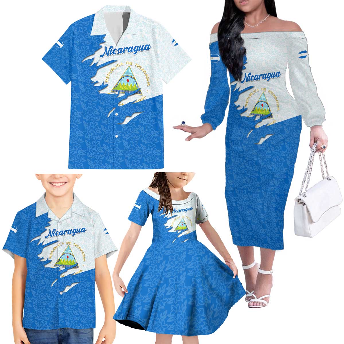 Nicaragua Flag Ripped Effect Family Matching Off The Shoulder Long Sleeve Dress and Hawaiian Shirt with National Emblem and Floral Pattern Design - Wonder Print Shop
