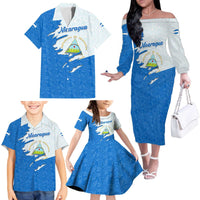 Nicaragua Flag Ripped Effect Family Matching Off The Shoulder Long Sleeve Dress and Hawaiian Shirt with National Emblem and Floral Pattern Design - Wonder Print Shop