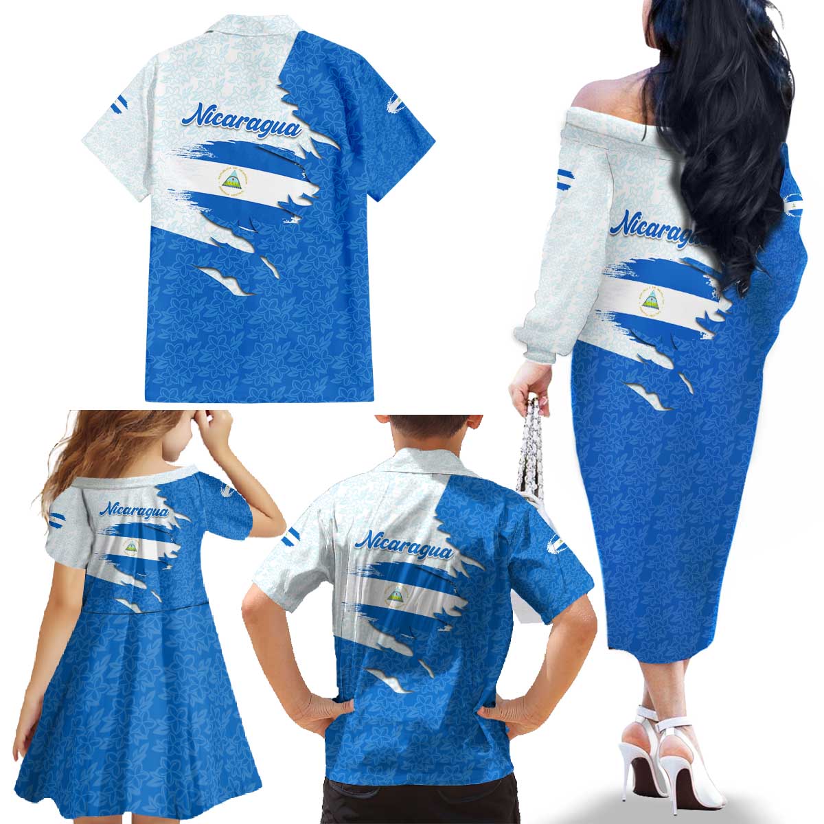 Nicaragua Flag Ripped Effect Family Matching Off The Shoulder Long Sleeve Dress and Hawaiian Shirt with National Emblem and Floral Pattern Design - Wonder Print Shop