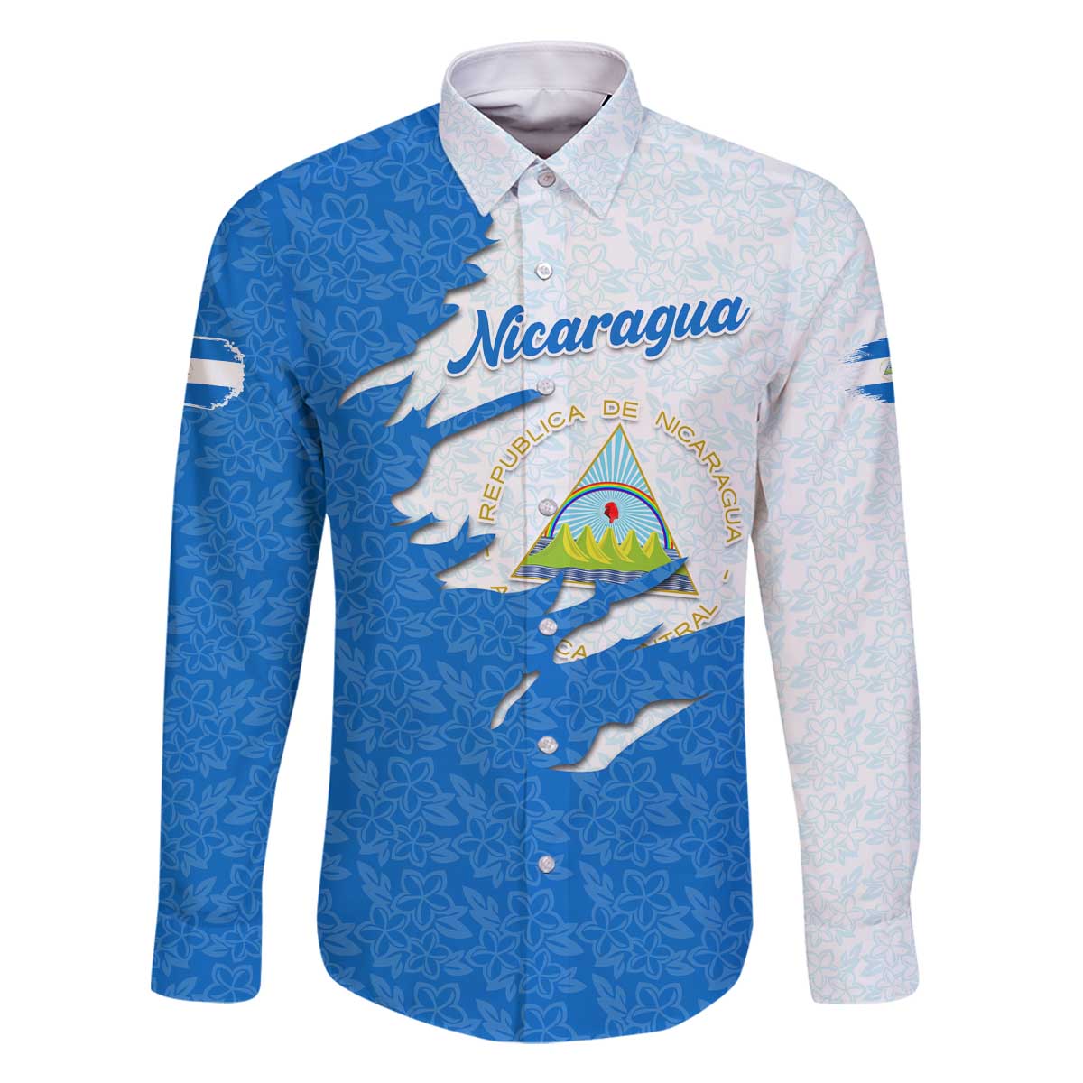 Nicaragua Flag Ripped Effect Family Matching Off The Shoulder Long Sleeve Dress and Hawaiian Shirt with National Emblem and Floral Pattern Design - Wonder Print Shop