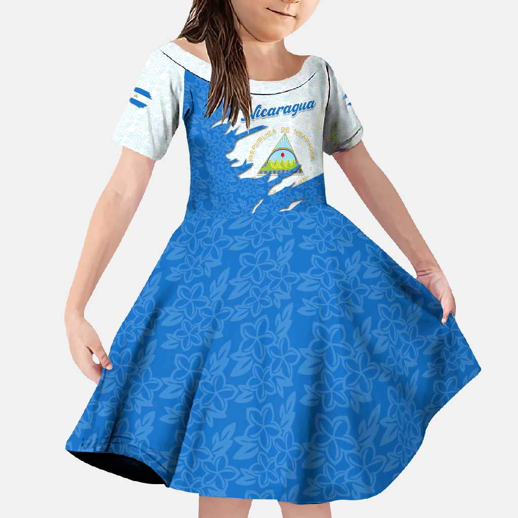 Nicaragua Flag Ripped Effect Family Matching Off Shoulder Maxi Dress and Hawaiian Shirt with National Emblem and Floral Pattern Design - Wonder Print Shop