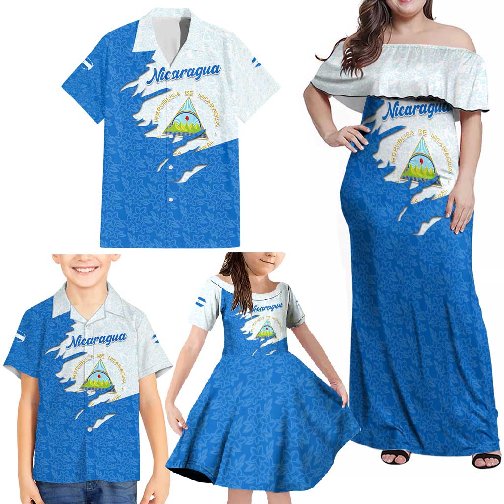 Nicaragua Flag Ripped Effect Family Matching Off Shoulder Maxi Dress and Hawaiian Shirt with National Emblem and Floral Pattern Design - Wonder Print Shop