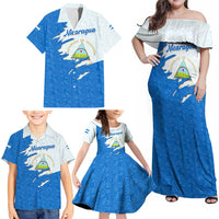 Nicaragua Flag Ripped Effect Family Matching Off Shoulder Maxi Dress and Hawaiian Shirt with National Emblem and Floral Pattern Design - Wonder Print Shop