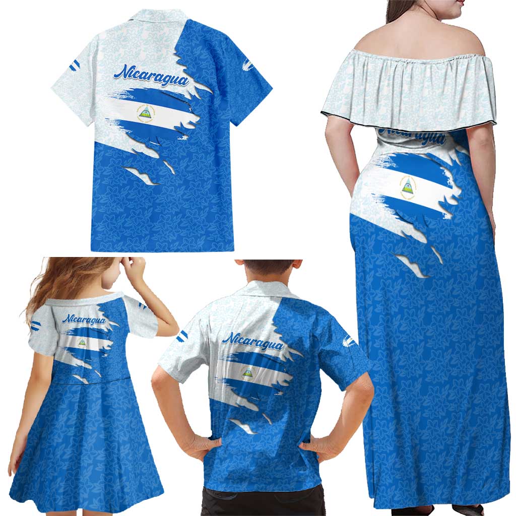 Nicaragua Flag Ripped Effect Family Matching Off Shoulder Maxi Dress and Hawaiian Shirt with National Emblem and Floral Pattern Design - Wonder Print Shop