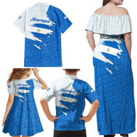 Nicaragua Flag Ripped Effect Family Matching Off Shoulder Maxi Dress and Hawaiian Shirt with National Emblem and Floral Pattern Design - Wonder Print Shop