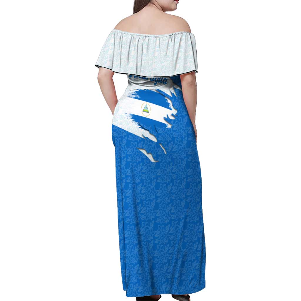 Nicaragua Flag Ripped Effect Family Matching Off Shoulder Maxi Dress and Hawaiian Shirt with National Emblem and Floral Pattern Design - Wonder Print Shop