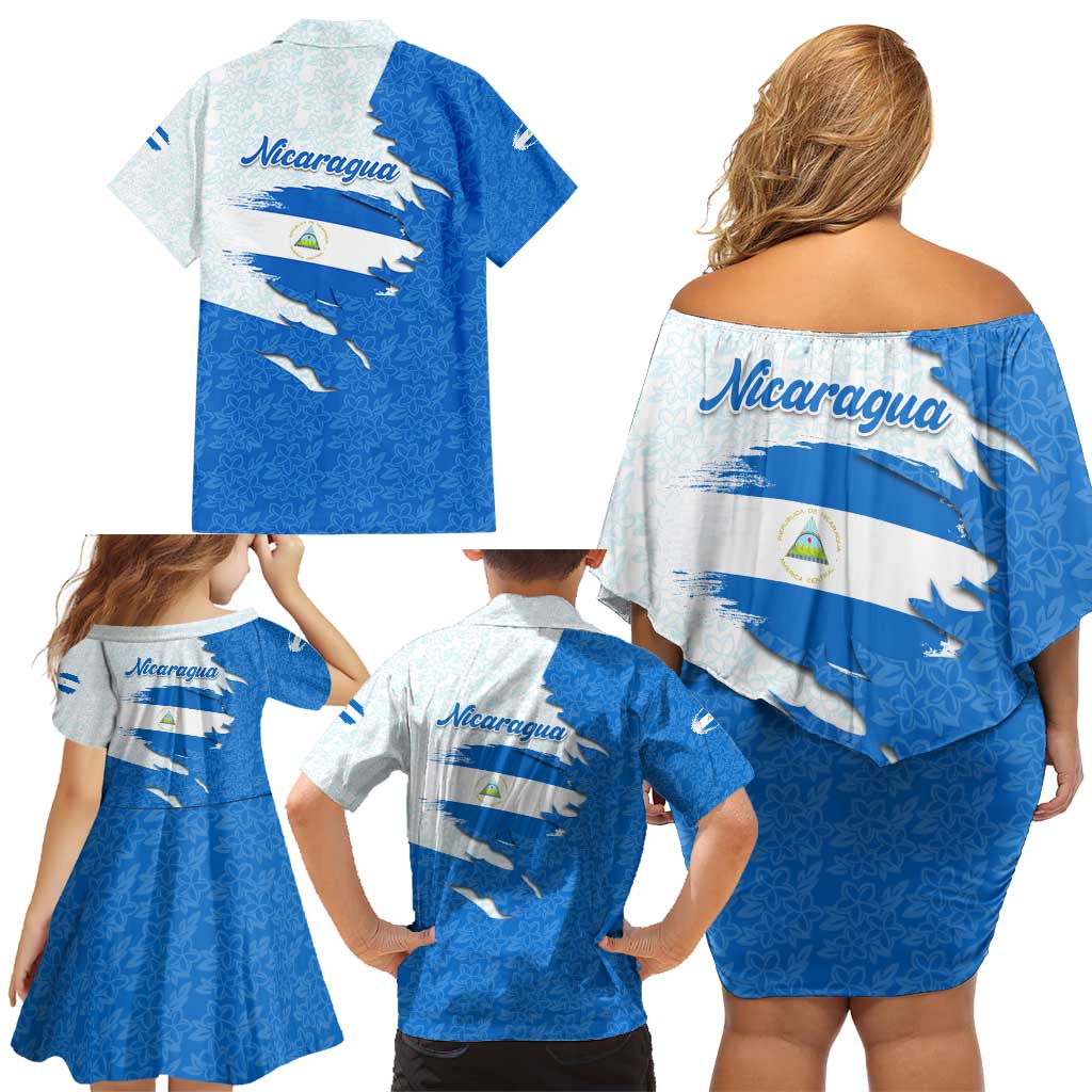 Nicaragua Flag Ripped Effect Family Matching Off Shoulder Short Dress and Hawaiian Shirt with National Emblem and Floral Pattern Design - Wonder Print Shop