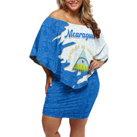 Nicaragua Flag Ripped Effect Family Matching Off Shoulder Short Dress and Hawaiian Shirt with National Emblem and Floral Pattern Design - Wonder Print Shop