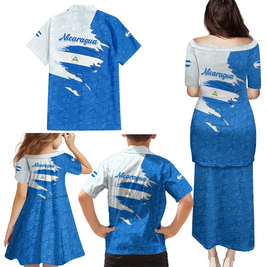 Nicaragua Flag Ripped Effect Family Matching Puletasi and Hawaiian Shirt with National Emblem and Floral Pattern Design - Wonder Print Shop