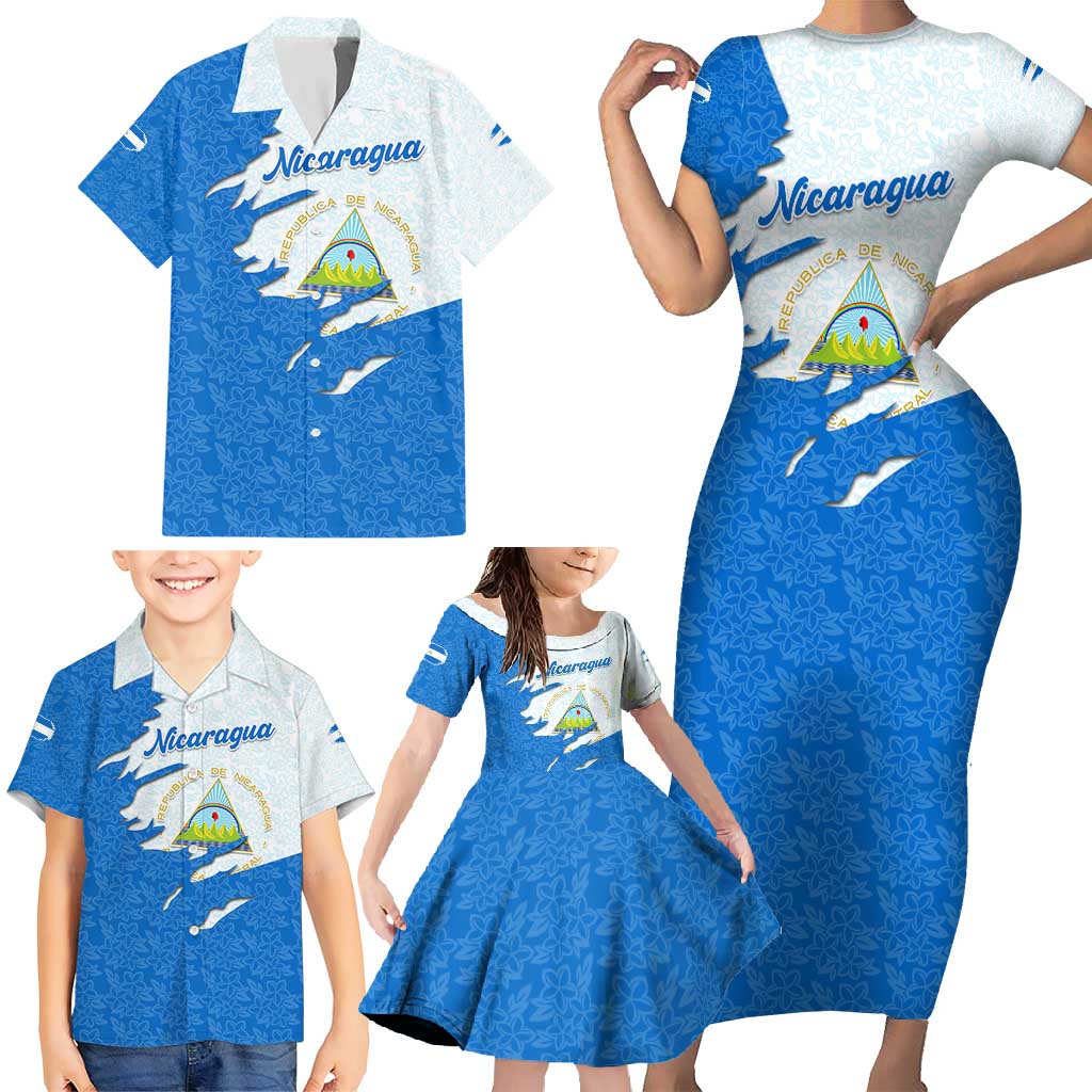 Nicaragua Flag Ripped Effect Family Matching Short Sleeve Bodycon Dress and Hawaiian Shirt with National Emblem and Floral Pattern Design - Wonder Print Shop