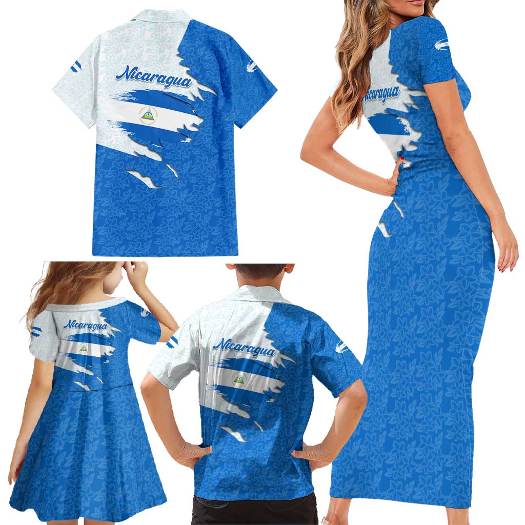 Nicaragua Flag Ripped Effect Family Matching Short Sleeve Bodycon Dress and Hawaiian Shirt with National Emblem and Floral Pattern Design - Wonder Print Shop