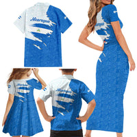 Nicaragua Flag Ripped Effect Family Matching Short Sleeve Bodycon Dress and Hawaiian Shirt with National Emblem and Floral Pattern Design - Wonder Print Shop