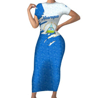 Nicaragua Flag Ripped Effect Family Matching Short Sleeve Bodycon Dress and Hawaiian Shirt with National Emblem and Floral Pattern Design - Wonder Print Shop